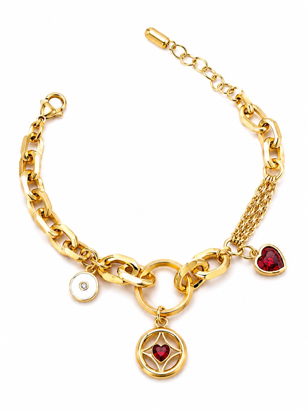 14K Gold Plated Rhodium Chain Charm Bracelet Red Heart Dainty Layered Jewelry